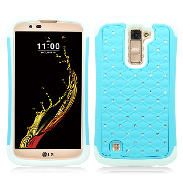 LG K10/AH2 WHITE/BABY BLUE  ARMOR BUMPER SPOT BLING CASE