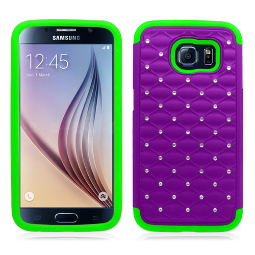 SAMSUNG GALAXY S6 G9200 LIME GREEN PURPLE ARMOR BUMPER SPOT BLING CASE