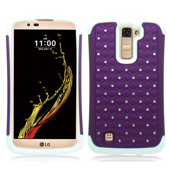 LG K10/AH2 WHITE/PURPLE ARMOR BUMPER SPOT BLING CASE