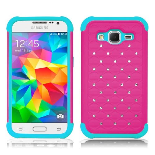 SAMSUNG GRAND PRIME/G530 BLUE/PINK ARMOR BUMPER SPOT BLING CASE