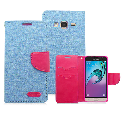 SAMSUNG GALAXY AMP PRIME/NOVA/J3 BLUE ON PINK JEAN WALLET CASE