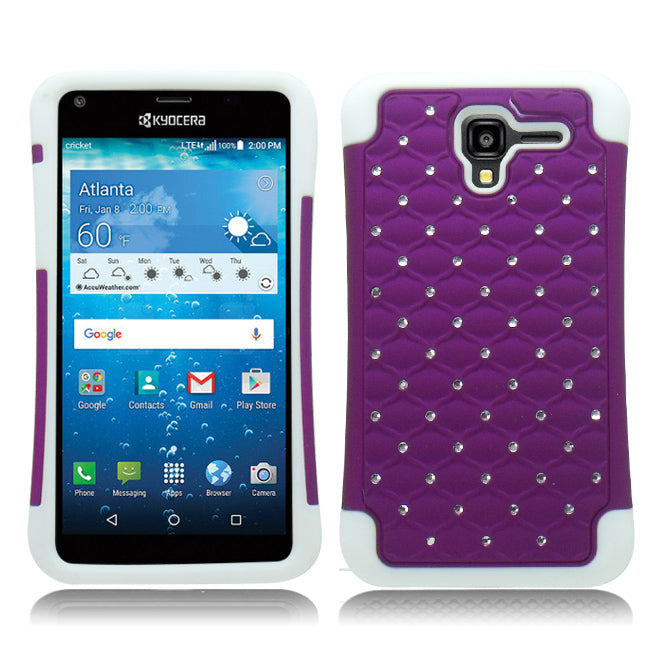 KYOCERA REACH/C6743/VIEW WHITE/PURPLE ARMOR BUMPER SPOT BLING CASE