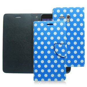 ALCATEL FIERCE XL/5054/FLINT BABY BLUE POLKA DOTS LEATHER WALLET CASE