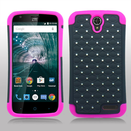 ZTE GRAND X3/Z959/WARP 7/N9519 PINK/BLACK ARMOR BUMPER SPOT BLING CASE