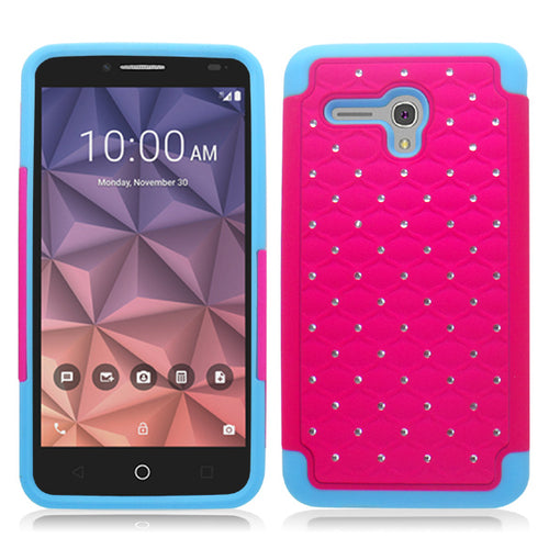 ALCATEL FIERCE XL/5054/FLINT BLUE/PINK ARMOR BUMPER SPOT BLING CASE