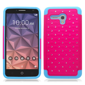 ALCATEL FIERCE XL/5054/FLINT BLUE/PINK ARMOR BUMPER SPOT BLING CASE