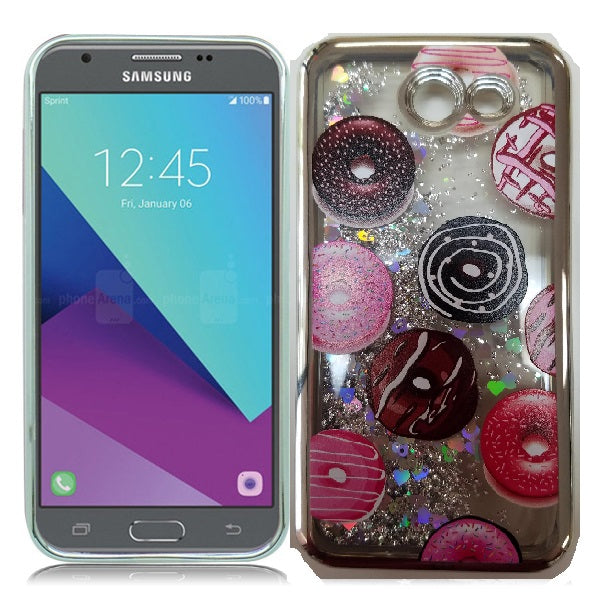 Samsung Galaxy J3 Emerge/J327/ Amp Prime 2 Silver Candy Liquid Donuts Design Glitter Case