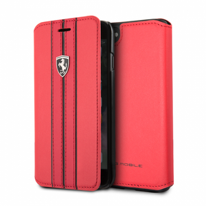 Ferrari iPhone 8 & iPhone 7, Off Track Collection, Red PU Leather Hard Wallet Case with contrasting Black Stitching finishes, TPU Rubber Frame