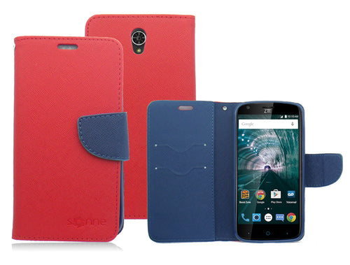 ZTE GRAND X3/Z959/WARP 7/N9519 BLUE/RED LEATHER WALLET CASE