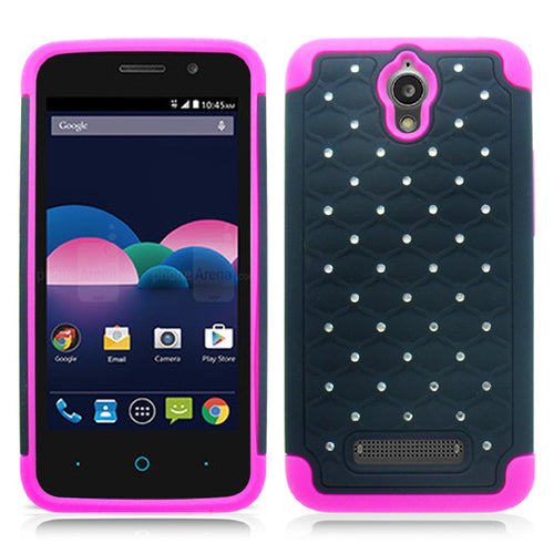 ZTE OBSIDIAN/Z820 PINK/BLACK ARMOR BUMPER SPOT BLING CASE