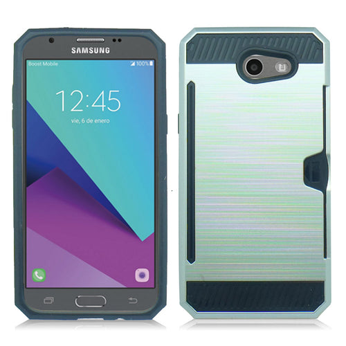 SAMSUNG GALAXY J3 EMERGE/J327/AMP PRIME 2 SILVER ON BLACK HYBRID SLIDE POCKET DUO LAYER CASE