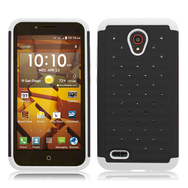 ALCATEL CONQUEST WHITE/BLACK ARMOR BUMPER SPOT BLING CASE