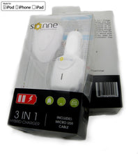 UNIVERSAL SONNE HYBRID 3 IN 1 CAR/WALL CHARGER WITH IPHONE 5 WHITE DATA CABLE***IN RETAIL***