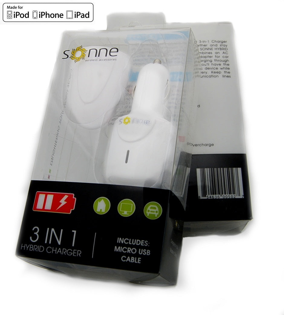 UNIVERSAL SONNE HYBRID 3 IN 1 CAR/WALL CHARGER WITH IPHONE 5 WHITE DATA CABLE***IN RETAIL***