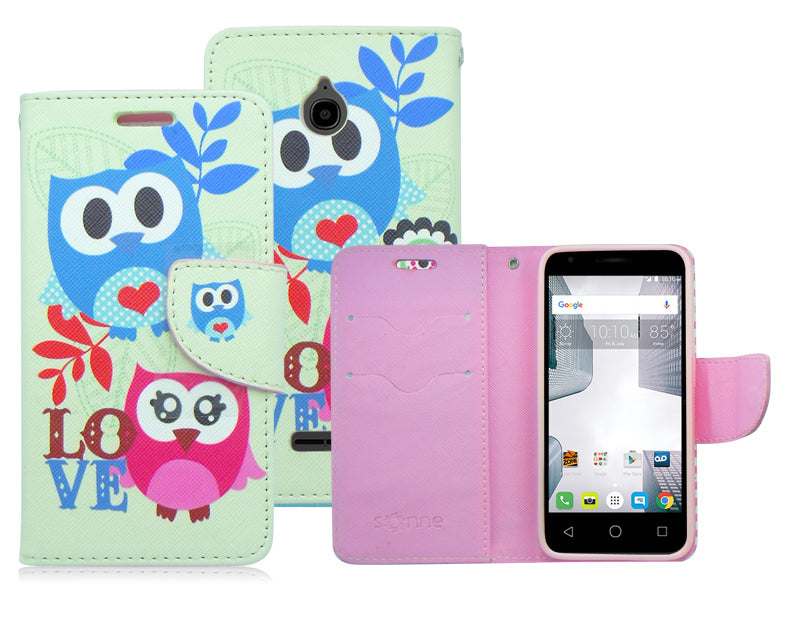 ALCATEL DAWN/5027B/STREAK/4060A IDEAL SPRING OWL LOVE LEATHER WALLET CASE