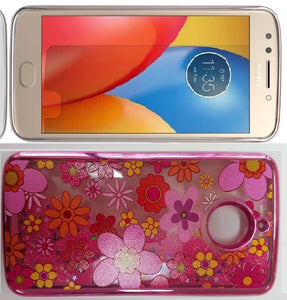 Motorola E4 Plus Pink Candy Liquid Blossom Flower Design Glitter Case