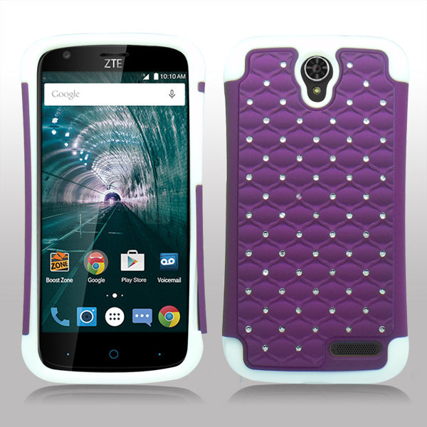 ZTE GRAND X3/Z959/WARP 7/N9519 WHITE/PURPLE ARMOR BUMPER SPOT BLING CASE