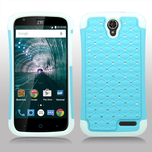 ZTE GRAND X3/Z959/WARP 7/N9519 WHITE/BLUE ARMOR BUMPER SPOT BLING CASE