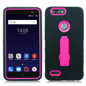 ZTE SEQUOIA/ Z982/ BLADE Z MAX/ ZMAX PRO 2 BLACK ON PINK VERTICAL KICK STAND CASE